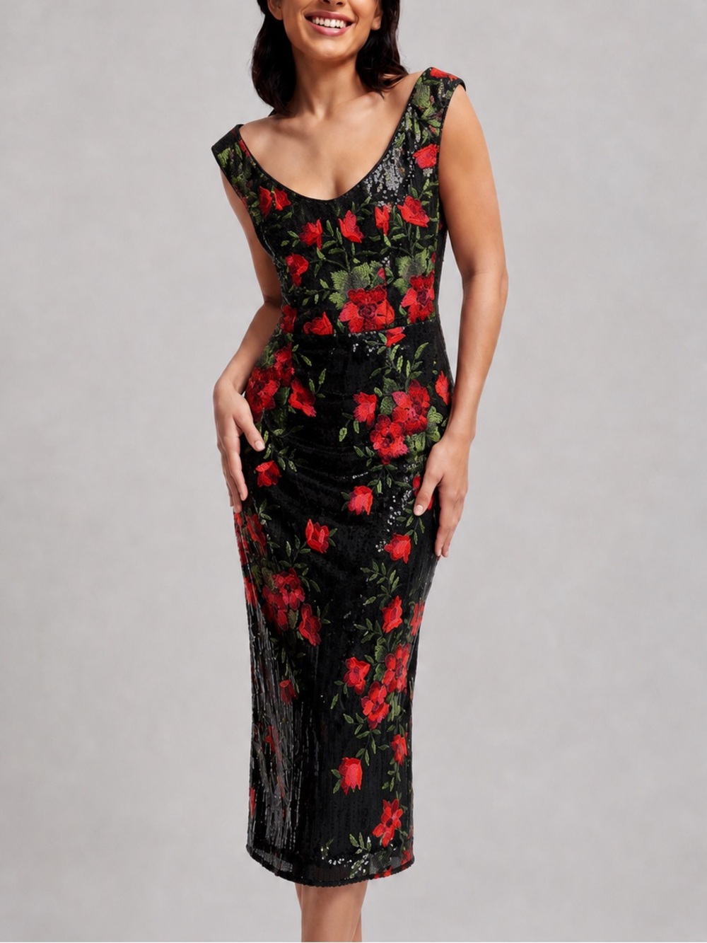 🆕 🖤🌹Dress the Population Dottie Floral Jacquard Sequin Midi Cocktail Dress XS